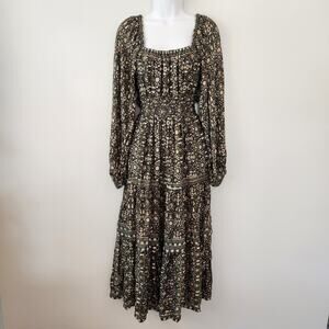 Omika Dress Women's S Monica Gray Floral Maxi Tiered Shirring Bishop Sleeve Boho